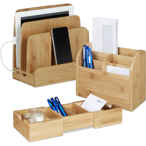 3-piece bamboo desk organiser set, pull-out card box, charging station for phones, letter tray, natural (1/5)
