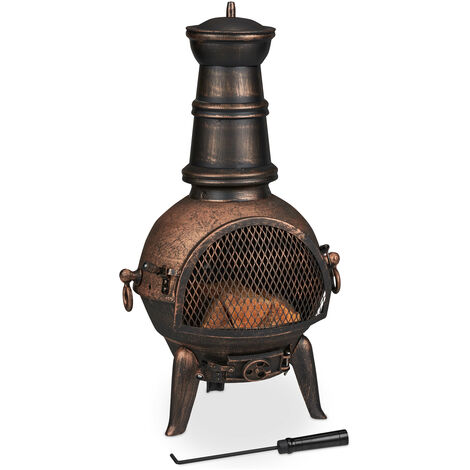 Relaxdays Terrace Oven, Outdoor Stove, Chimenea, H x W x D: 86 x 46 x 38 cm, Cast-Iron, Bronze Colour