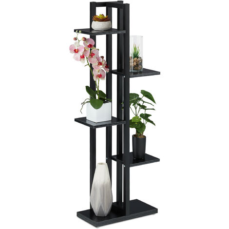 Relaxdays Metal Flower Stand, 5-Tier Indoor Pot Shelf Ladder, Wooden Look, HxWxD: 117 x 43 x 22 cm, Plant Rack, Black
