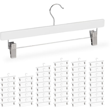 48 x wooden trouser hangers, adjustable rubber-coated clips, 360° swivel hooks, skirt hangers, 35.5 cm wide, white