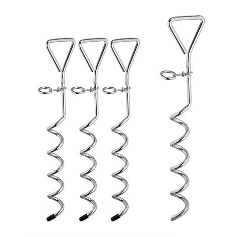 Relaxdays Ground Anchor Set of 4, Corkscrew, Spiral, Nail, Peg, Heavy Duty, Sturdy, Durable, Tent, 42cm Long, Silver