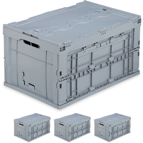 Set of 4 Relaxdays Professional Storage Boxes, Sturdy, Commercial Crate, Lidded, 60x40x32cm, Grey