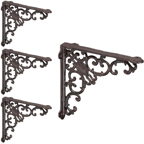 Relaxdays 4x Shelf Brackets, Cast Iron, Rack Support, Vintage Motif, HxWxD: 21.5 x 4 x 21.5 cm, Angle for Shelves, Brown