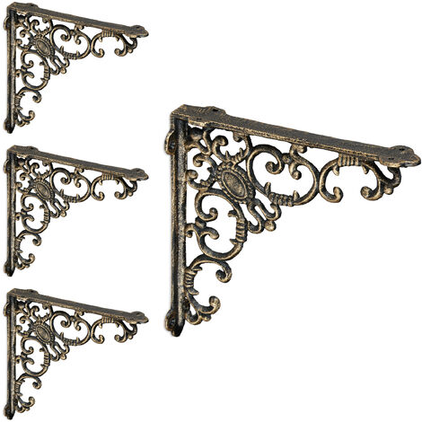 Relaxdays 4x Shelf Brackets, Cast Iron, Rack Support, Vintage Motif, HWD: 21.5 x 4 x 21.5 cm, Angle for Shelves, Bronze