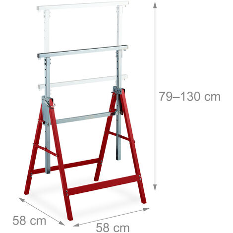 Relaxdays Set of 2 Sawhorses, 7 Height Settings, Max. 200 kg, 130 x 58 x 58 cm, Multipurpose Trestles, Steel, Red/Silver