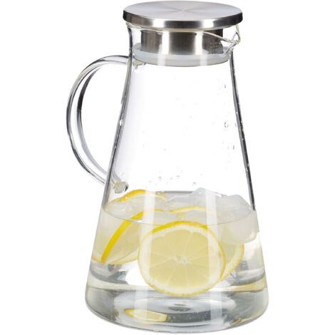 Relaxdays 2x Glass Pitcher, 1.8 L, Stainless Steel Lid, Water, Wine, Juice, Dishwasher Safe, Carafe, Transparent, Clear
