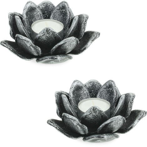 Relaxdays Tealight Holder, Set of 2, Lotus Shape, Candle Stand, Cast Iron,  Indoors & Outdoors, HxØ 5.5 x 11 cm, Silver