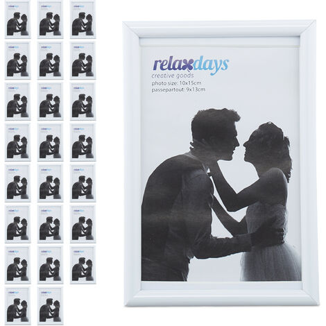 Relaxdays Picture Frame, Set of 24, 10x15 cm, Wood Look, Portrait & Landscape Format, Passepartout, Plastic, White