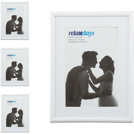 Relaxdays Picture Frame, Set of 4, 15x20 cm, Wood Look, Portrait & Landscape Format, Passepartout, Photo, Plastic, White