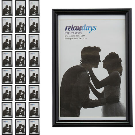 Relaxdays Picture Frame, Set of 24, 10x15 cm, Wood Look, Portrait & Landscape Format, Passepartout, Plastic, Black