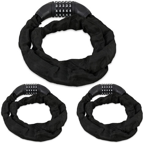 Relaxdays Set of 3 Combination Locks For Bikes, 5 Digit Code & Chain, Bicycle Security, Steel, Black