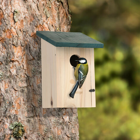 Relaxdays Nesting Box for Birds, 35 mm Entrance Hole, Hinged, Tits & Sparrows, Bird House to Hang Up, Natural Wood Green