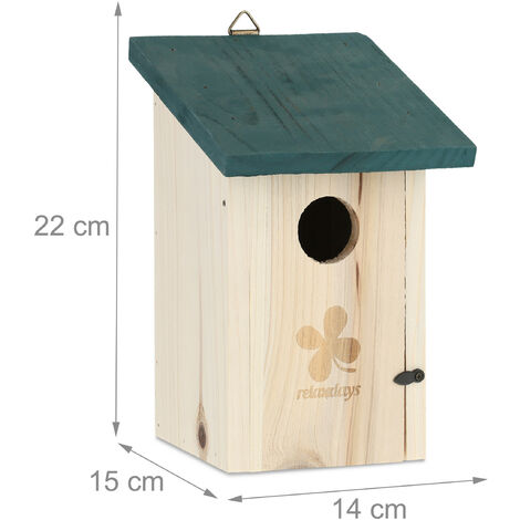 Relaxdays Nesting Box for Birds, 35 mm Entrance Hole, Hinged, Tits & Sparrows, Bird House to Hang Up, Natural Wood Green