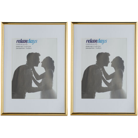 Relaxdays Picture Frame, Set of 4, A4 format, Wood, Portrait & Landscape Format, Passepartout, Plastic, Gold (1/5)
