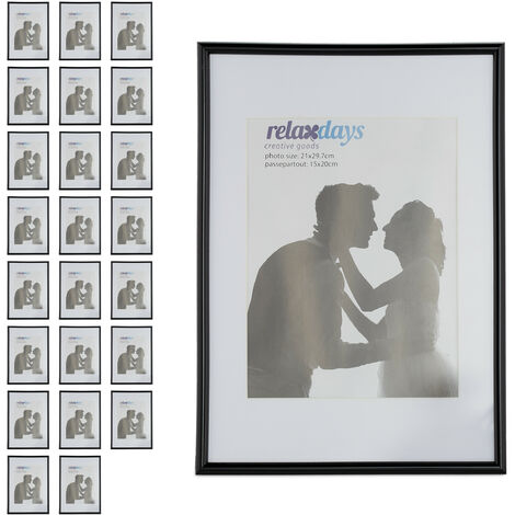 Relaxdays Picture Frame, Set of 24, A4 format, Wood, Portrait & Landscape Format, Passepartout, Plastic, Black and White