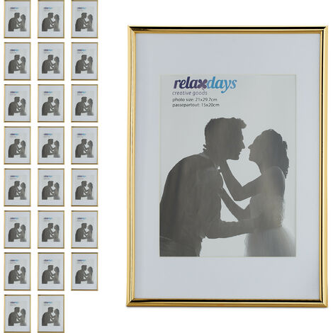 Relaxdays Picture Frame, Set of 24, A4 format, Wood, Portrait & Landscape Format, Passepartout, Plastic, Gold (1/5)