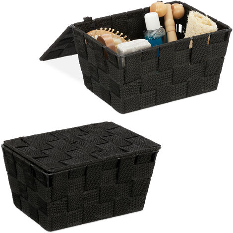 Set of 2 Relaxdays Lidded Storage Baskets with Lid, Bathroom Storage, PP, HxWxD: 10.5 x 19.5 x 14.5 cm, Black