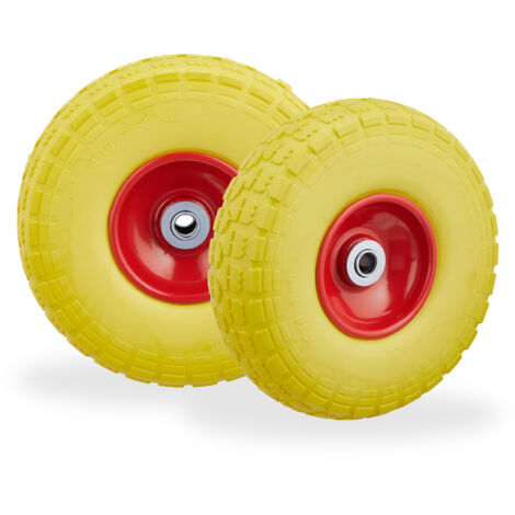 Set of 8 Relaxdays Wheelbarrow Tyres, Puncture-Proof Solid Rubber, 4.1/3.5-4", 16 mm Axle, Spare Wheel, Yellow/Red