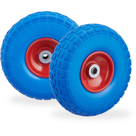 Set of 8 Relaxdays Wheelbarrow Tyres, Puncture-Proof Solid Rubber, 4.1/3.5-4", 16 mm Axle, Spare Wheel, Blue/Red