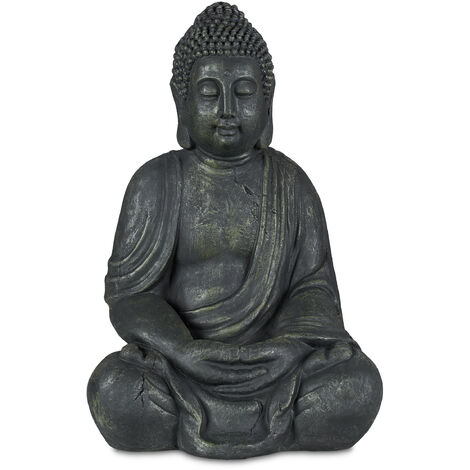 Relaxdays Buddha Statue, 70 cm Height, Garden Decoration, Weather and Frost Resistant, Living Room Deco, Charcoal Grey