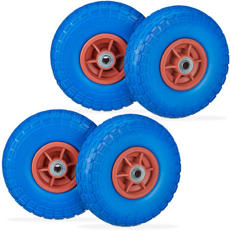 Set of 4 Relaxdays Wheelbarrow Tyres, Puncture-Proof Solid Rubber, 4.1/3.5-4, 16 mm Axle, Spare Wheel, Blue/Red