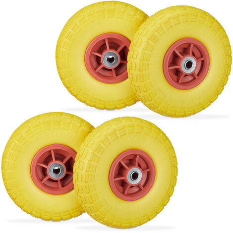 Set of 4 Relaxdays Wheelbarrow Tyres, Puncture-Proof Solid Rubber, 4.1/3.5-4, 16 mm Axle, Spare Wheel, Yellow/Red