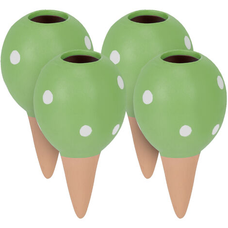 Relaxdays Clay Watering Spikes, Set of 4, Each 100 ml, Spotted Design, for House Plants & Outdoor Pots, Terracotta/Green