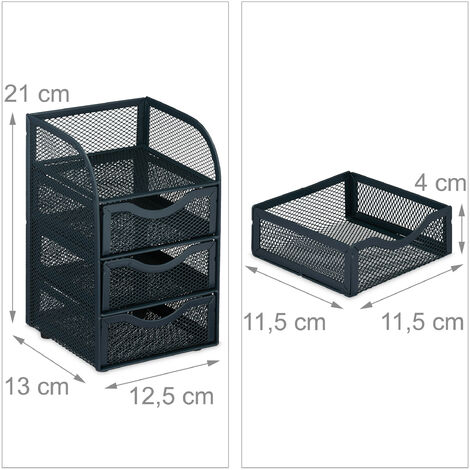 Relaxdays Desk Organiser, 3 Compartments, Drawers, Mesh Design, H X W X D: 17 X 16 X 17 Cm, Metal, Grey, Steel