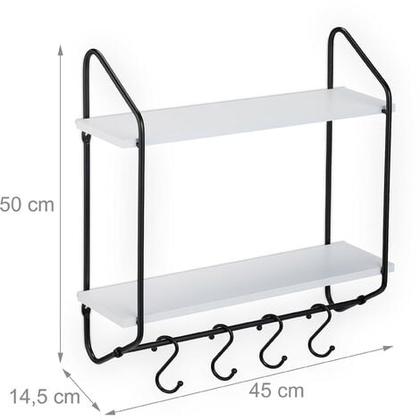 Relaxdays Wall Mounted Kitchen Rack with Hooks, 2 Shelves, HWD: 50 x 45 x  14 cm
