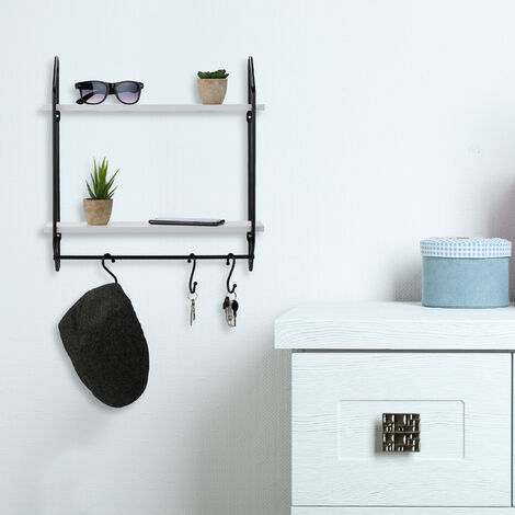 Relaxdays Wall Mounted Kitchen Rack with Hooks, 2 Shelves, HWD: 50 x 45 x  14 cm, Open Hanging Storage Unit, White/Black