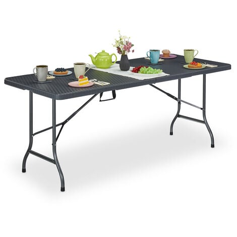 Relaxdays Garden Table, Rattan Design, Carrying Handle, 72x180x74 cm, Plastic, Metal, Foldable Patio, Grey