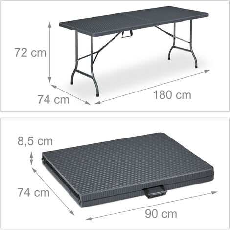Relaxdays Garden Table, Rattan Design, Carrying Handle, 72x180x74 cm, Plastic, Metal, Foldable Patio, Grey