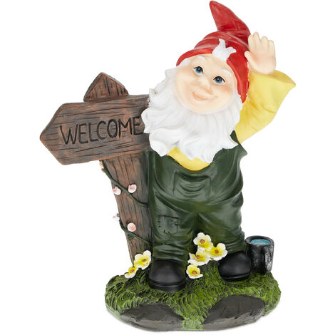 Relaxdays Garden Gnome with Welcome Sign, Decor, Weather & Frost Resistant, 27 x 22 x 12 cm, Polyresin, Multicoloured