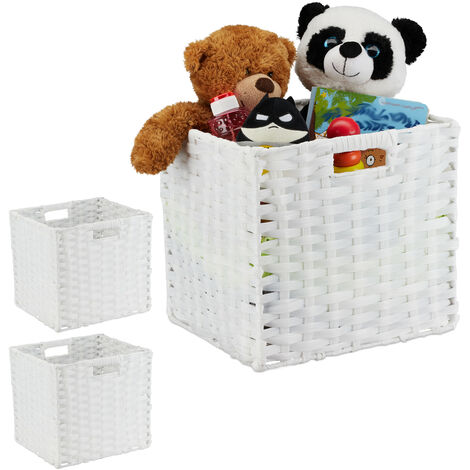 Relaxdays 3x Folding Storage Basket, Square PP Bathroom Organiser Box, Wicker-Look Shelf Bin, 31x32x30 cm, white