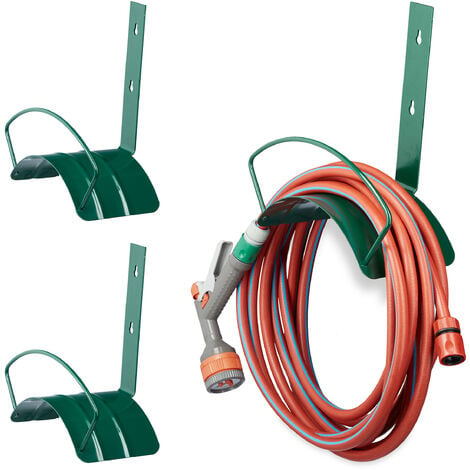 Relaxdays 3x Wall Hose Holder, Metal, Wall Holder for 5/8 Inch (15 mm) Hoses,  for 60 m Garden Hoses, Hose Hook, Green