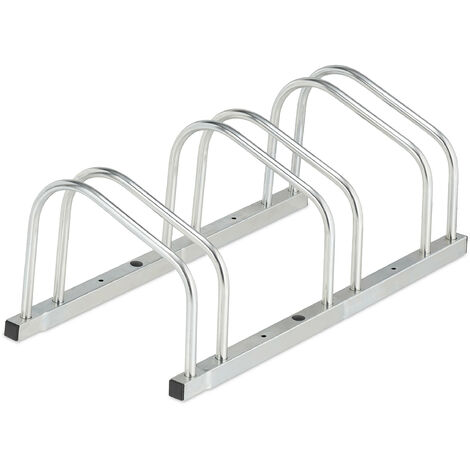 Relaxdays Floor Bike Rack, for 3 Bicycles, Wheel Width up to 50 mm, Metal, Outdoor Parking Stand, Garage, Steel, Silver (1/5)