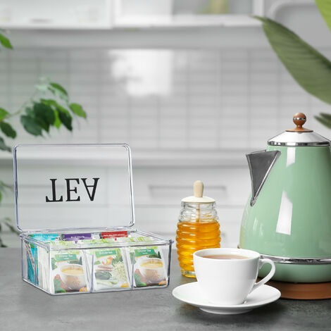Relaxdays Tea Box, Plastic, 6 Compartments, Organiser with Lid, Caddy, 9 x 21.5 x 15 cm, Teabag Storage, Transparent