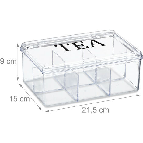 Relaxdays Tea Box, Plastic, 6 Compartments, Organiser with Lid, Caddy, 9 x 21.5 x 15 cm, Teabag Storage, Transparent