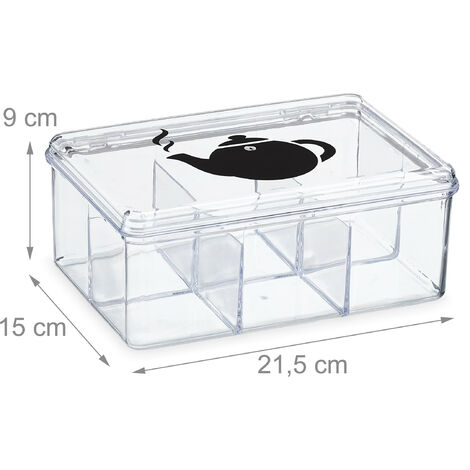 Relaxdays Tea Box, Plastic, 6 Compartments, Hinged Lid, Organiser, Caddy, 9 x 21.5 x 15 cm, Teabag Storage, Transparent