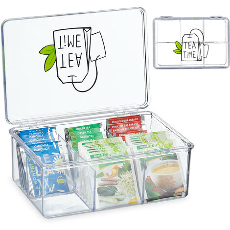 Relaxdays Tea Box, Plastic, 6 Compartments, Hinged Lid, Organiser, 9 x 21.5 x 15 cm, Caddy, Teabag Storage, Transparent