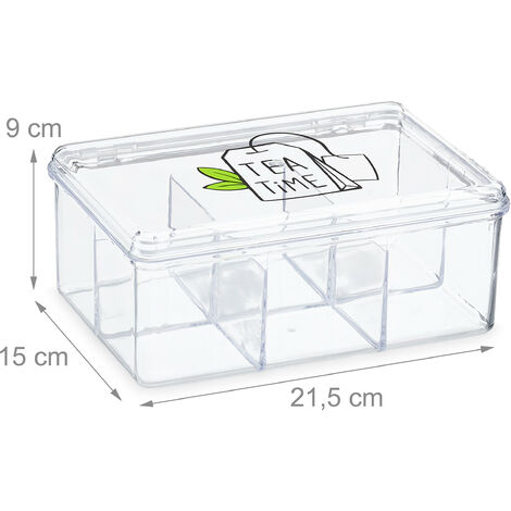 Relaxdays Tea Box, Plastic, 6 Compartments, Hinged Lid, Organiser, 9 x 21.5 x 15 cm, Caddy, Teabag Storage, Transparent