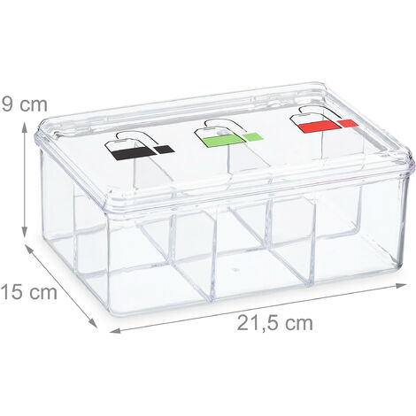 Relaxdays Tea Box, Plastic, 6 Compartments, Organiser, Hinged Lid, 9 x 21.5 x 15 cm, Caddy, Teabag Storage, Transparent
