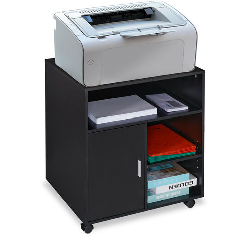 Relaxdays Office Cabinet Storage Shelves Cupboard Tray Home Printer Table Wheels HxWxD 66.5x60x50 cm Black