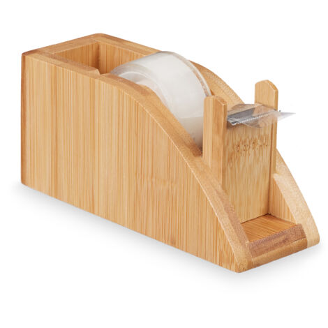Relaxdays 2x Adhesive Tape Dispenser Bamboo, Sticky Tape Holder for 25 mm Rolls, With Cutting Blade, Crafts, Natural