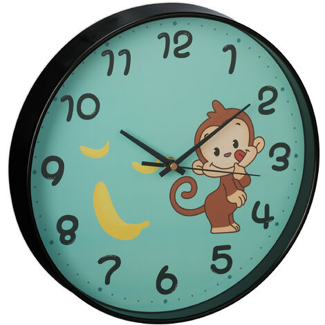 Relaxdays Wall Clock, Childrens Room, Battery Powered, Monkey, Design, Second Hand, Numbers, Playroom, Ø 29,5 cm, Blue (1/5)