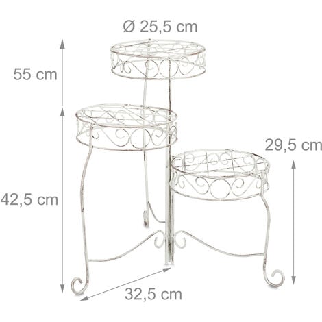 Relaxdays Plant Stand, 3 Round Shelves, Flower Rack Metal, Country House Style, Height: 55 cm, Lattice, Foldable, White