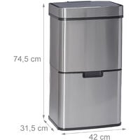 Relaxdays Waste Separation System with 3 Compartments, with Sensor, 60 L, 3 Bins, Pullout, Stainless Steel, HxWxD: 74.5 x 42 x 31.5 cm, Silver