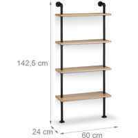 Relaxdays Industrial Wall Shelving Unit, 4 Shelves, Wall-Mount, Bookcase, Wooden, Vintage, Retro Look, HxWxD: 142.5 x 60 x 24 cm, Natural