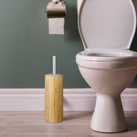 Relaxdays Bamboo WC Brush Holder and Brush, Round Stand, Wooden Toilet Bathroom Butler H x Dia: 37.5 x 10.5 cm, Natural