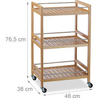 Relaxdays Bamboo Kitchen Trolley with 3 Shelves, Natural Look, 360° Swivel Wheels, Serving Cart, HWD: 76x46x38 cm, Natural